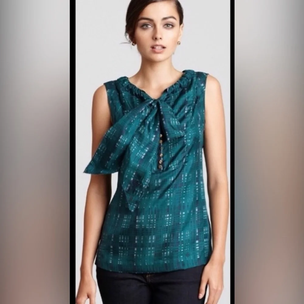Tory Burch Saffield silk blouse in green navy blue plaid pattern size 8